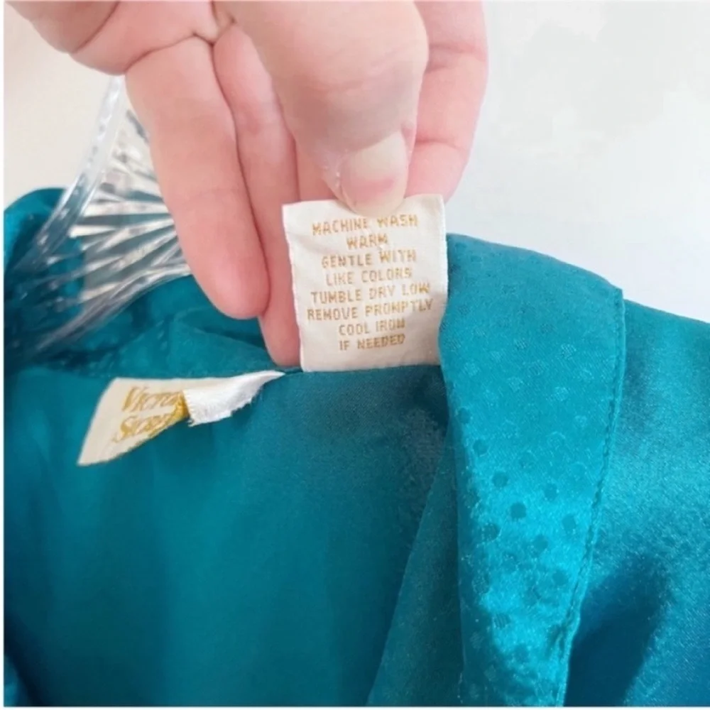 Victoria's Secret pajama top teal blue satin button front vintage gold label